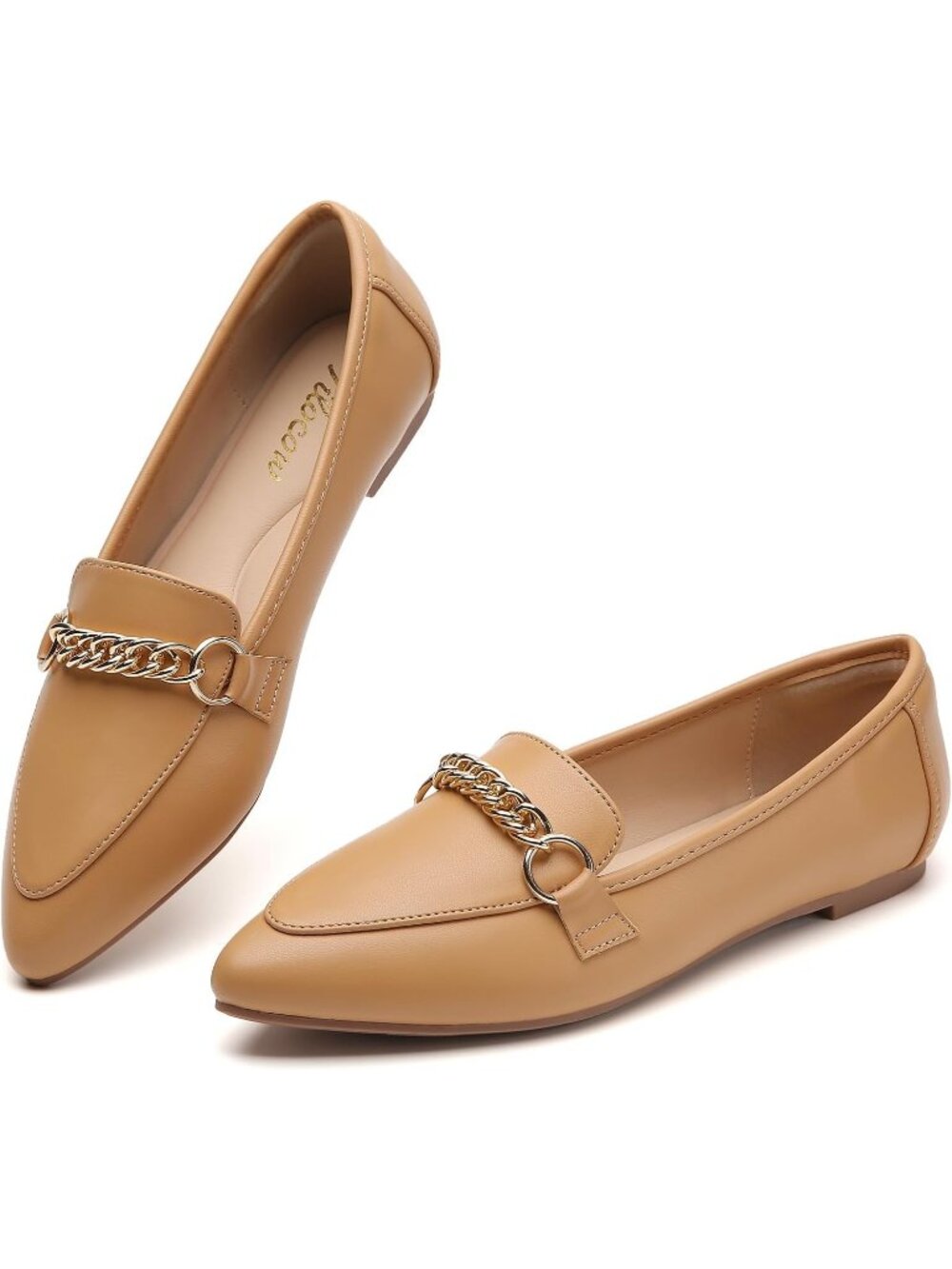 Women's Brown Comfortable Pointed Toe Slip on Flats Loafers Metal Chain Shoes